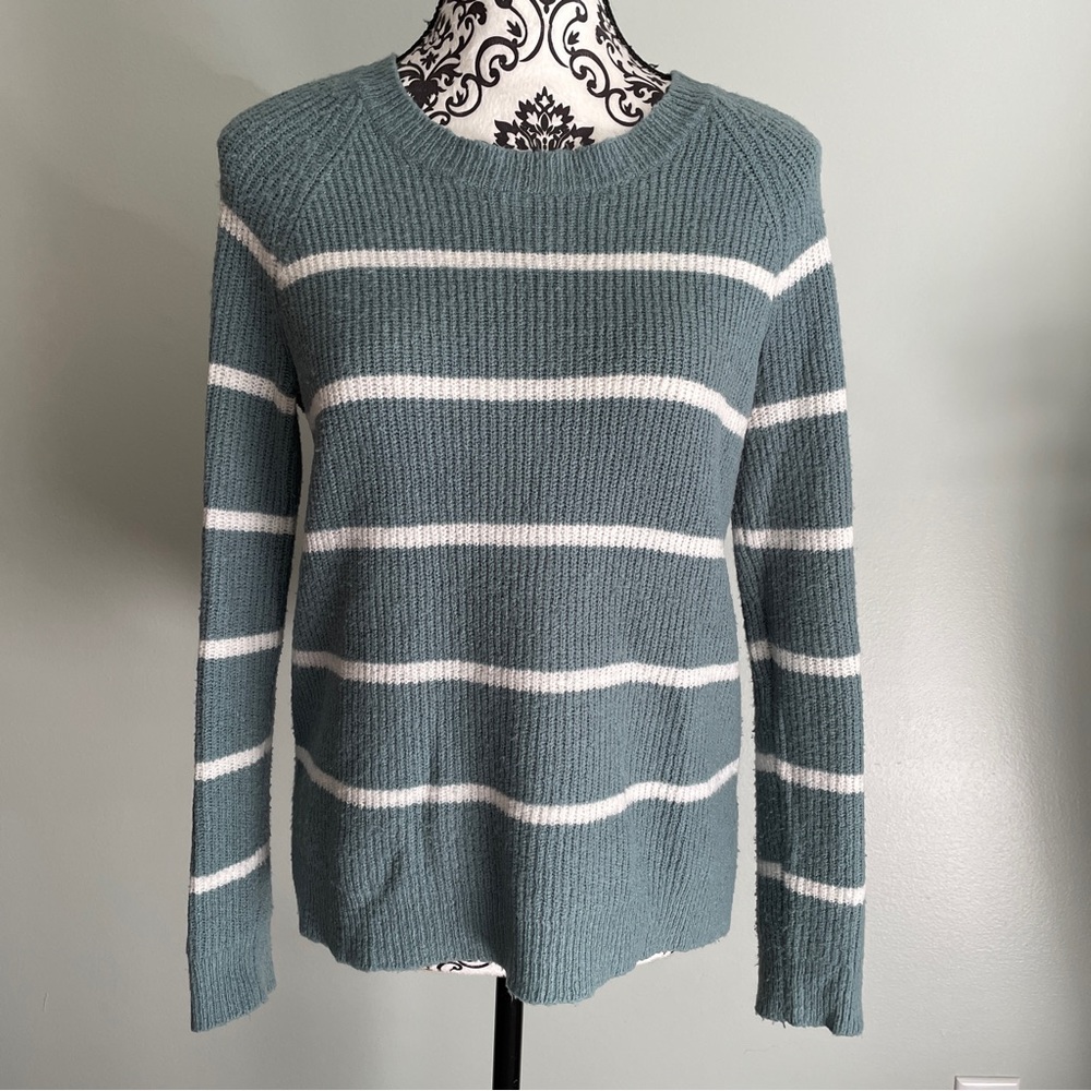 Pink Rose Green White Stripes Sweater Pullover Long Sleeve Women’s Size Medium